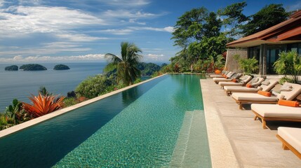 Fototapeta premium Serene Infinity Pool Overlooking Tropical Landscape with Lush Greenery and Stunning Ocean View