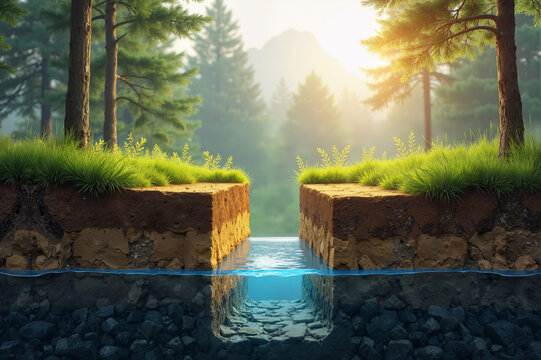 Nature and Soil. Cross-Section of Land with Water and Forest