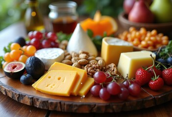 artisanal cheese selection fresh fruit nuts gourmet platter elegant presentation delicious snack, appetizer, food, spread, cream, variety, pairing, candied