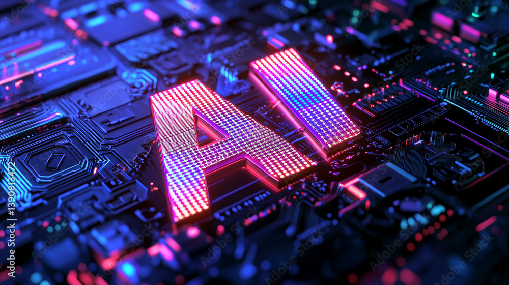 Poster neon ai lettering glows on a complex circuit board, symbolizing artificial intelligence, technologic