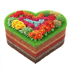 Heart Shaped Garden Bed with Layered Soil and Vibrant Flowers