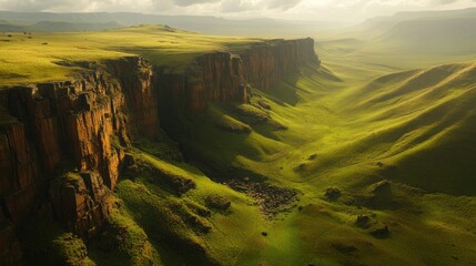 Aerial view of verdant canyon, dramatic cliffs, sunlit valley, background mountains, travel brochure