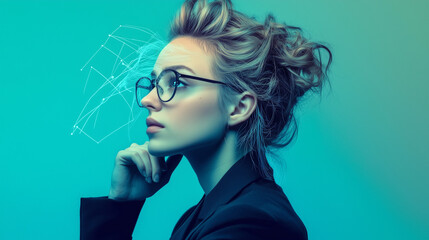A young woman with glasses, profile view, against a teal background. 