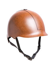 Fototapeta premium Leather riding helmet cut out background equestrian gear studio environment top view safety and style