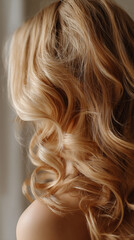 Fototapeta premium Close-up of blond, wavy hair texture showcasing smooth, flowing curls, representative of beauty, elegance, and hair care products