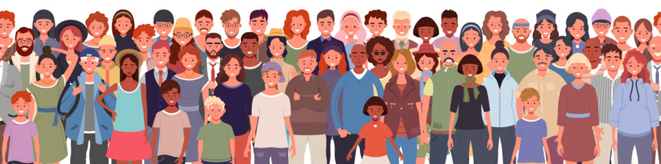 Group of people seamless pattern. Children and teenagers, adults and seniors stand together. Vector illustration of men and women of different nationalities and ages.
