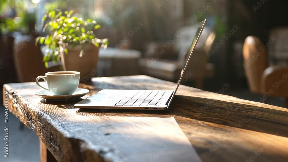 Poster cozy workspace with a laptop and coffee on a rustic wooden table generative ai