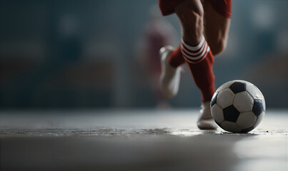 Soccer  player kick the ball. A close-up of a football   player in the background. Playing soccer banner with copy space. 