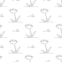 Obraz premium Seamless floral Pattern Flower and Heart. One Continuous Line Drawing