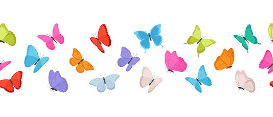 Naklejka premium Colorful flying butterflies seamless border. Summer insect design element. Vector illustration on white background