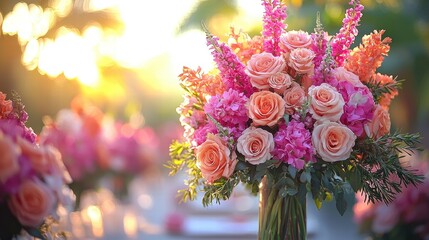 Beautiful floral arrangement featuring pink and peach roses with colorful blooms at sunset outdoor event
