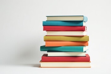 Stack of various colorful books stacked neatly on a white background,  textbooks, education