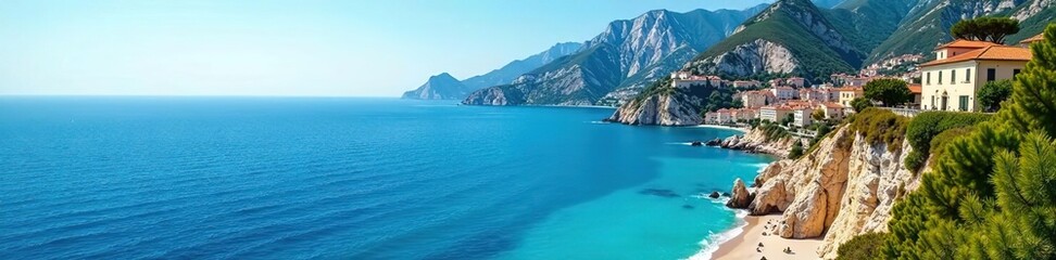 Scenic view of a beautiful coastline along the French Riviera with turquoise waters,  travel,  coastline