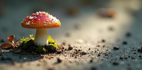 Single mushroom casting a shadow on a textured background,  shadow,  textured
