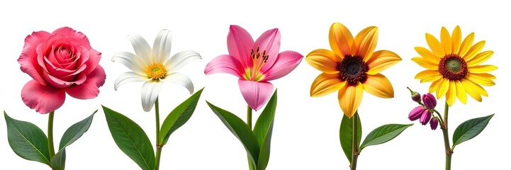 Six vibrant, colorful flowers including roses, daisies, tulips, lilies, sunflowers, and orchids isolated on a white background,  white background,  lilies