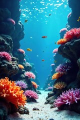 Vibrant and colorful coral reef in an underwater fantasy aquarium setting,  fantasy,  vibrant