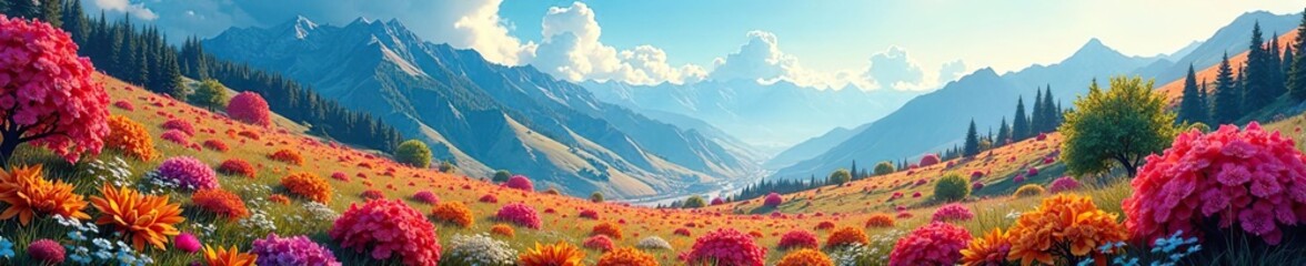 Vibrant and colorful digital landscape filled with intricate details,  artistic,  dreamlike