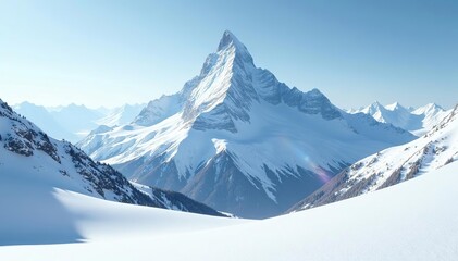 Obraz premium Snowy mountain peak rising above serene white winter landscape, snow-capped mountains in wintry scene, peak, landscape