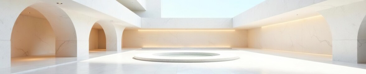 Sleek and minimalist architecture design with open courtyard, white showcase area, and curved walls,  abstract,  display
