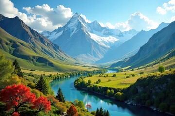 Vibrant and colorful landscape of northern Argentina, featuring dramatic mountains, lush valleys, and serene rivers,  valleys,  nature