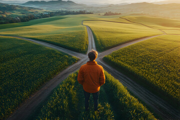 A person standing at the center of an X-shaped crossroads in a wide, open rural landscape, seen from a slightly elevated angle