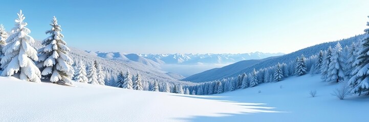 Snowy winter landscape panorama with snow-covered trees, hills, and a clear blue sky,  horizontal,  landscape