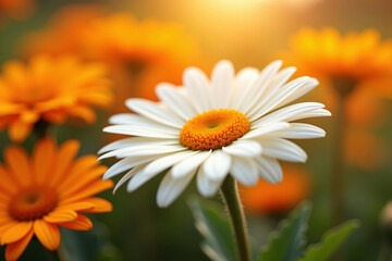 Naklejka premium Close-Up of Vibrant Orange and White Daisies in a Sunlit Field