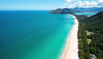 Stunning aerial view of sandy beaches and turquoise waters along the Bay of Islands coastline in New Zealand, Bay of Islands,  beaches
