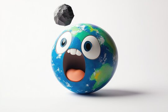 A surprised Earth cartoon faces an incoming asteroid, symbolizing climate change and existential threats.