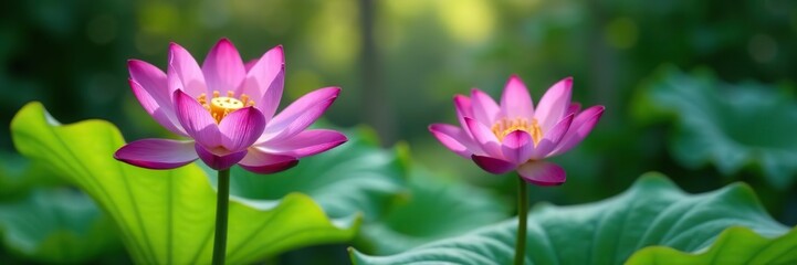 Vibrant and elegant 2 purple lotus flowers blooming beautifully in the serene garden setting,  majestic,  flora