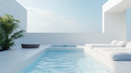 Fototapeta premium Serene Outdoor Pool Area with Modern Lounge Chairs and Clear Blue Sky at Daytime