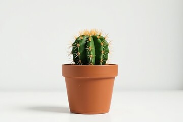 Small potted cactus plant with vibrant green spikes set against a bright white background,  white background,  desert