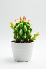 Small potted cactus plant with vibrant green spines and assorted shapes set against a crisp white background,  decor,  simplicity