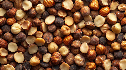 A seamless pattern of hazelnuts fills the frame, creating a textured and natural background that symbolizes warmth, earthiness, and simplicity in modern design.

