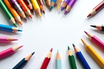 Various colored objects including pencils, markers, and paintbrushes arranged on a white paper background,  diversity,  stationary