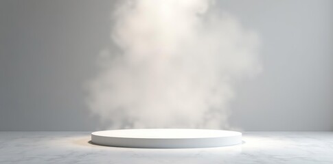 Soft and fuzzy foggy background with spotlight on product showcase, infinite white floor, modern clean minimalist design, high resolution, widescreen,  spotlight, product showcase
