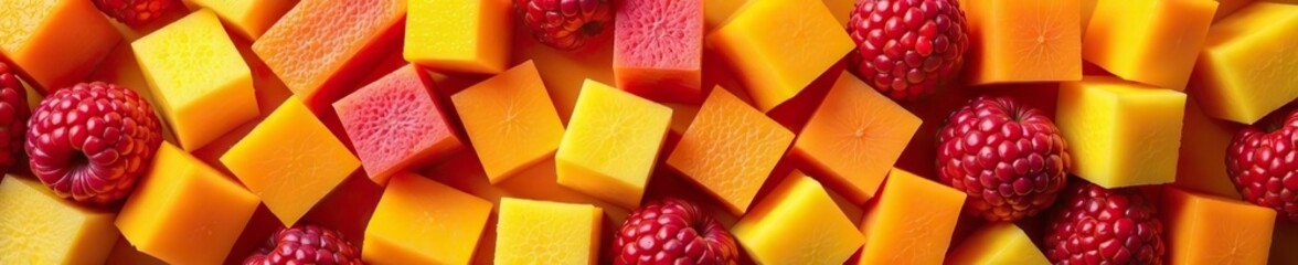 Various colorful cubes of fresh organic fruit create a vibrant and appetizing background, cubed,  natural