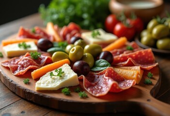 elegant wooden board displayed assorted tapas gourmet dishes deliciously arranged culinary experience, meat, olives, bread, seafood, vegetables, herbs