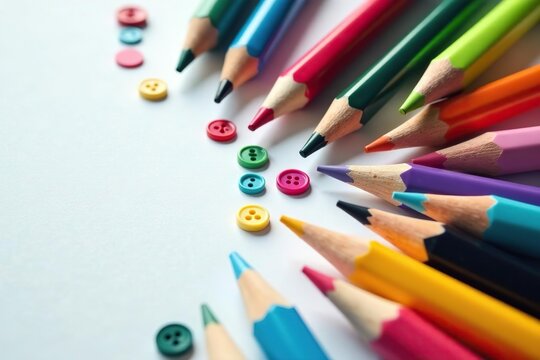 Various colored objects, such as pencils, markers, and buttons, arranged together on a paper background,  vibrant,  diversity