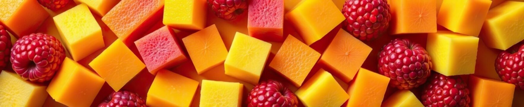 Various colorful cubes of fresh organic fruit create a vibrant and appetizing background, cubed,  natural
