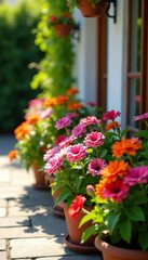 Various colorful flowers blooming in a variety of pots on a sunny patio,  beautiful,  spring