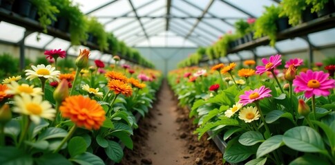 Various colorful flowers and plants thriving in a greenhouse setting,  beautiful,  horticulture