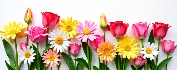 Various colorful flowers including roses, daisies, and tulips arranged beautifully on a clean white background,  beautiful,  set