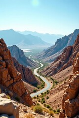 Scenic view of Hajar Mountains in Ras Al Khaimah, rugged landscape, winding mountain road,  tourism,  rocky cliffs