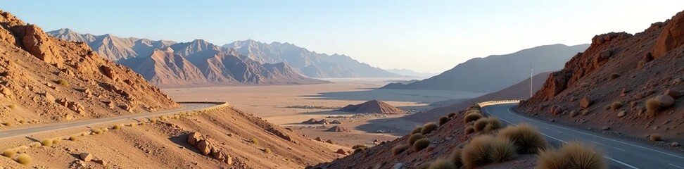 Scenic view of Hajar Mountains in Ras Al Khaimah with rugged landscapes and winding mountain road,  travel,  Hajar Mountains