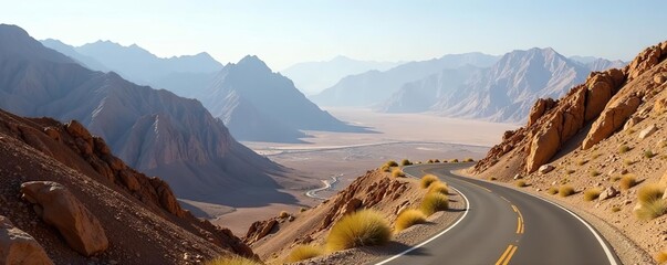 Scenic view of Hajar Mountains in Ras Al Khaimah with winding mountain road and rugged landscapes,  landscapes,  Ras Al Khaimah