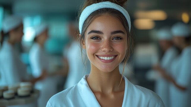 Smiling young woman in spa uniform at a wellness center during a busy afternoon