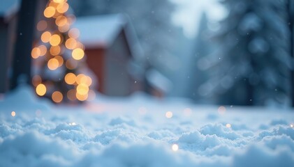 Soft, blurred background of white snow with bokeh lights and sparkling stars, creating an enchanting winter scene ideal for product display or digital art design,  digital art, snow