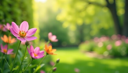 Soft focus background of blooming flowers and lush greenery in a garden during springtime,  outdoor, spring