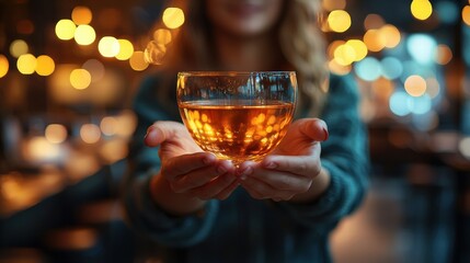 Warm drink held by a person in a dimly lit cafe during evening hours with soft glowing lights in the background